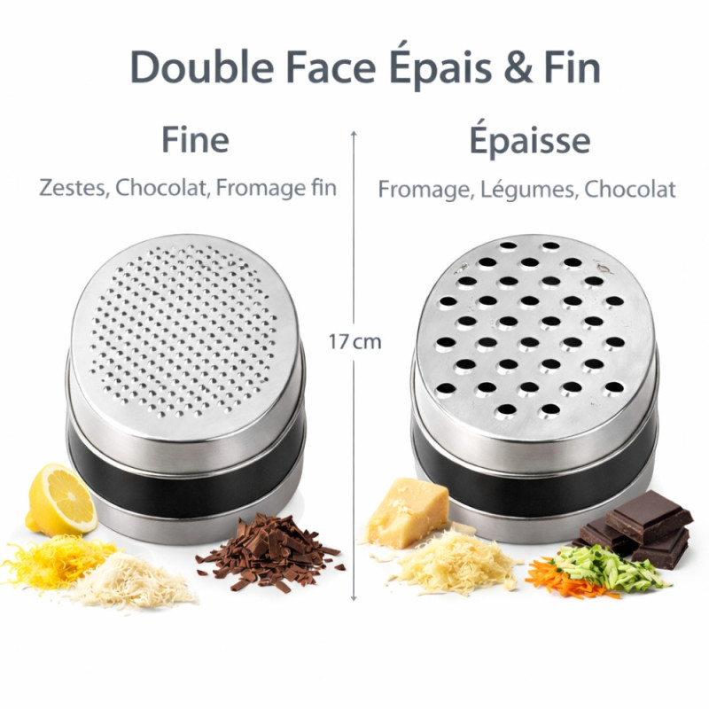 Râpe en Inox 17 cm avec Boîte de Récupération – Double Face Épais & Fin, Précise et Pratique pour Fromage, Légumes et Zestes