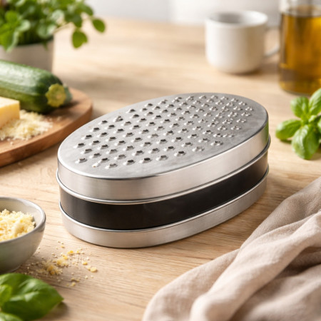 Râpe en Inox 17 cm avec Boîte de Récupération – Double Face Épais & Fin, Précise et Pratique pour Fromage, Légumes et Zestes