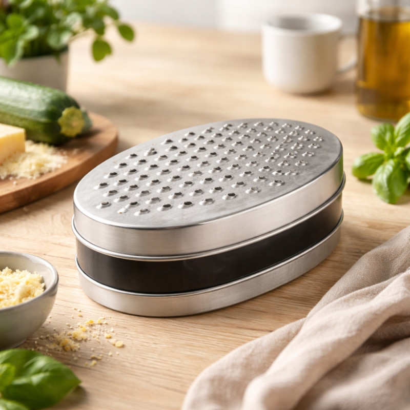Râpe en Inox 17 cm avec Boîte de Récupération – Double Face Épais & Fin, Précise et Pratique pour Fromage, Légumes et Zestes