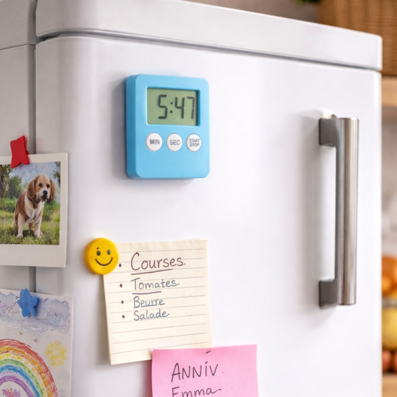 Minuteur Électronique de Cuisine Magnétique – Pile Incluse, Fixation Réfrigérateur ou Hotte – Couleur Aléatoire