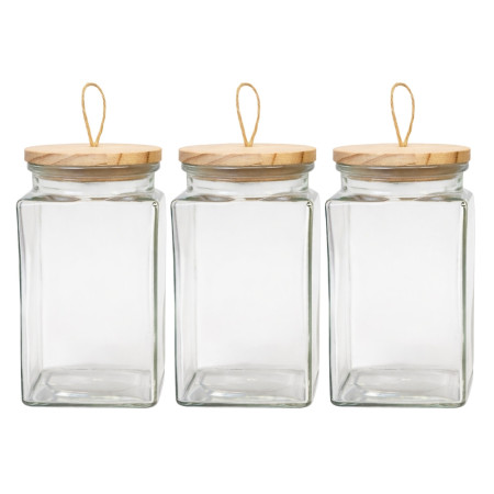 Set de 3 Bocaux en Verre 1500 mL avec Couvercle Hermétique en Bois – Conservation Alimentaire, Cuisine et Stockage Sec