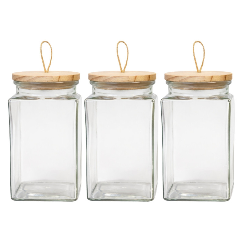 Set de 3 Bocaux en Verre 1500 mL avec Couvercle Hermétique en Bois – Conservation Alimentaire, Cuisine et Stockage Sec