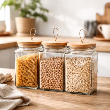 Set de 3 Bocaux en Verre 1500 mL avec Couvercle Hermétique en Bois – Conservation Alimentaire, Cuisine et Stockage Sec