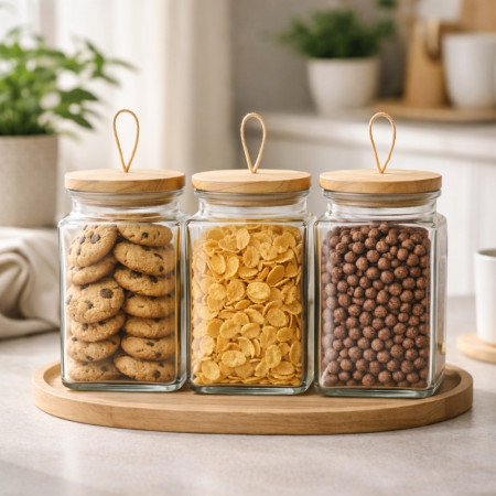 Set de 3 Bocaux en Verre 1500 mL avec Couvercle Hermétique en Bois – Conservation Alimentaire, Cuisine et Stockage Sec