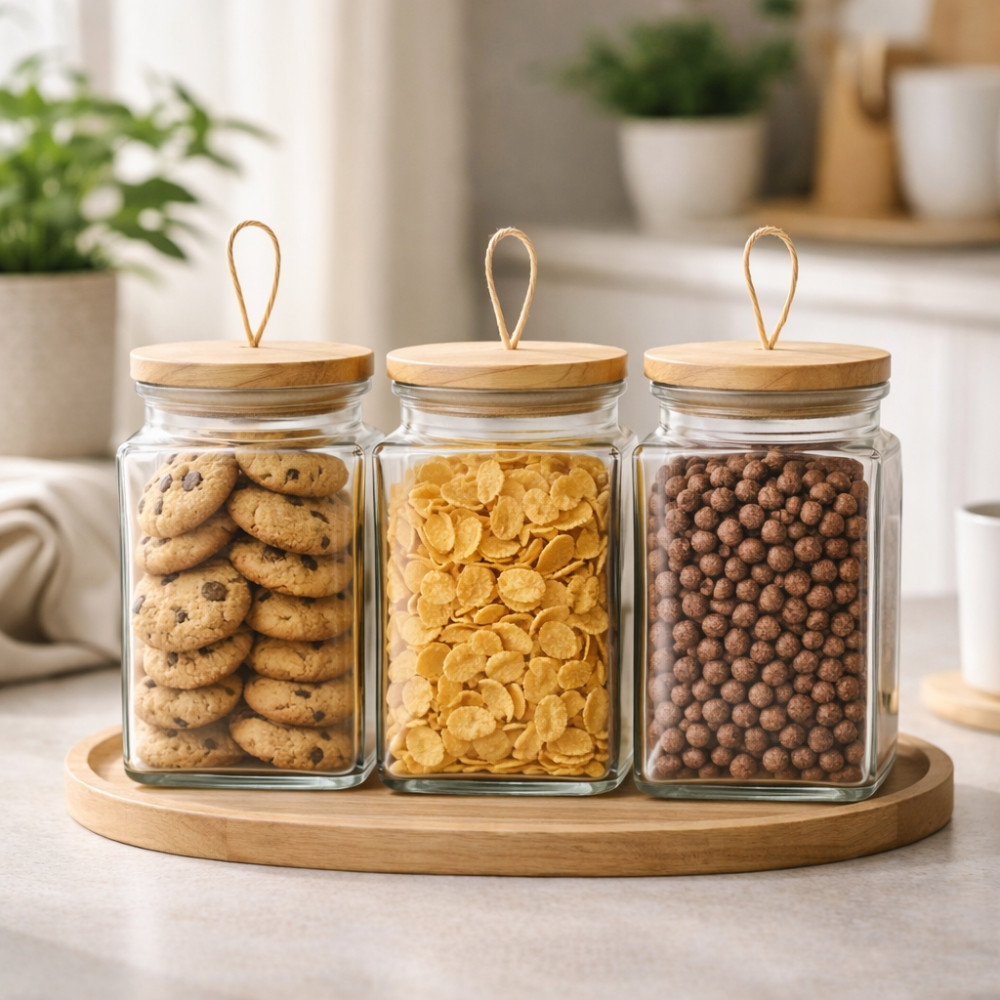 Set de 3 Bocaux en Verre 1500 mL avec Couvercle Hermétique en Bois – Conservation Alimentaire, Cuisine et Stockage Sec