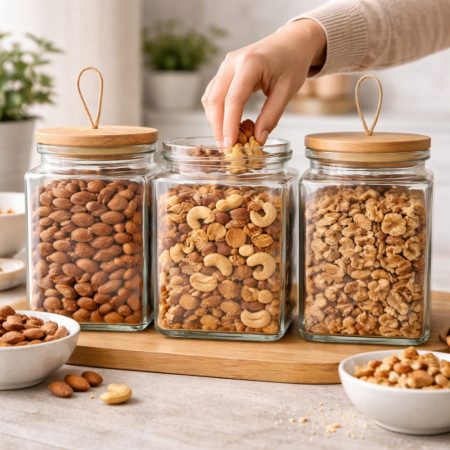 Set de 3 Bocaux en Verre 1500 mL avec Couvercle Hermétique en Bois – Conservation Alimentaire, Cuisine et Stockage Sec