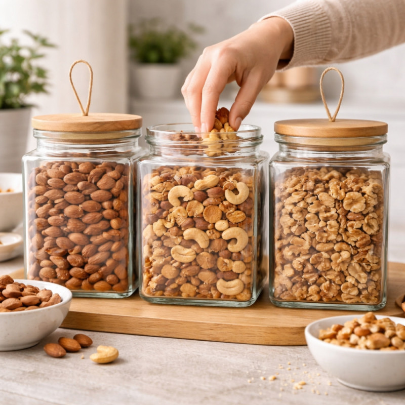 Set de 3 Bocaux en Verre 1500 mL avec Couvercle Hermétique en Bois – Conservation Alimentaire, Cuisine et Stockage Sec