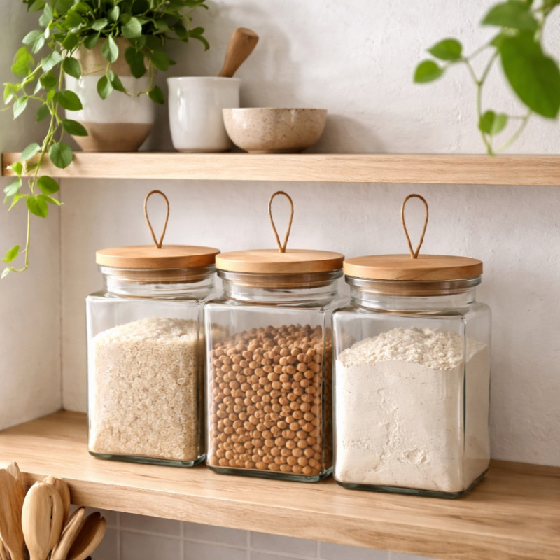 Set de 3 Bocaux en Verre 1500 mL avec Couvercle Hermétique en Bois – Conservation Alimentaire, Cuisine et Stockage Sec