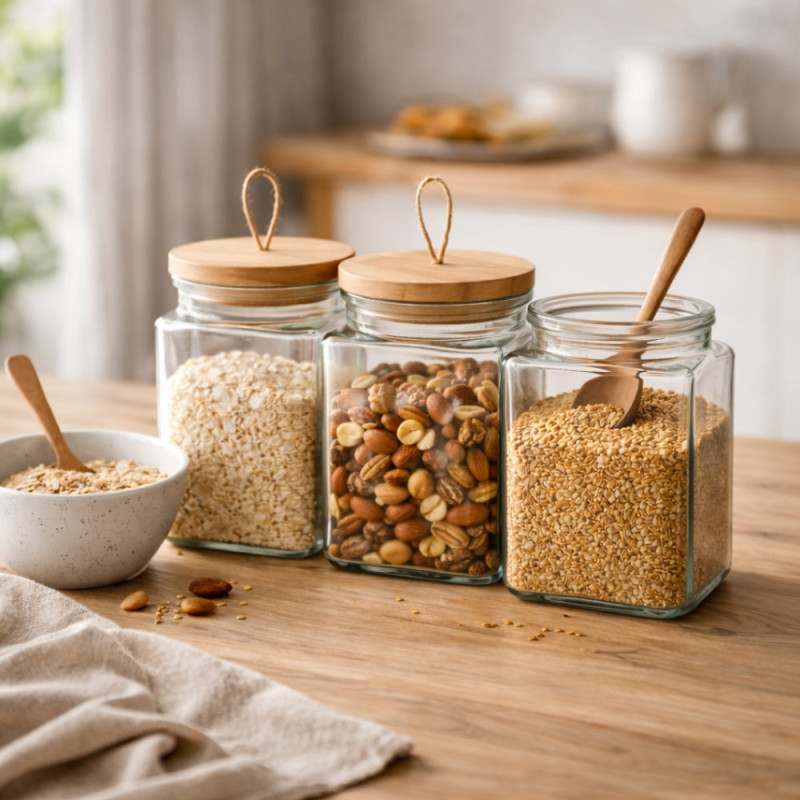 Set de 3 Bocaux en Verre 1500 mL avec Couvercle Hermétique en Bois – Conservation Alimentaire, Cuisine et Stockage Sec
