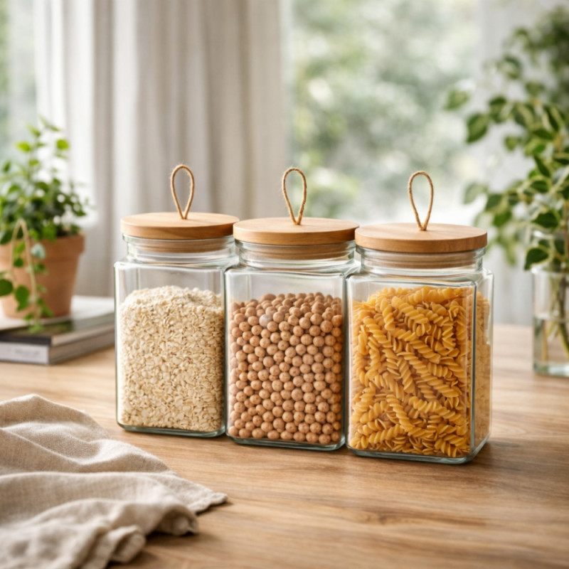 Set de 3 Bocaux en Verre 1500 mL avec Couvercle Hermétique en Bois – Conservation Alimentaire, Cuisine et Stockage Sec