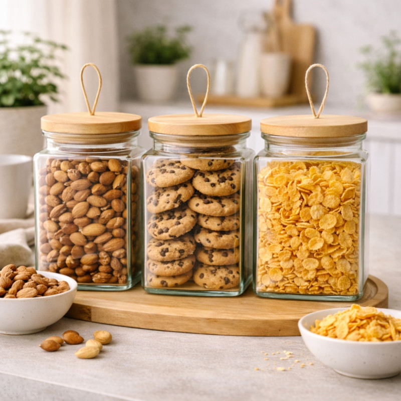 Set de 3 Bocaux en Verre 1500 mL avec Couvercle Hermétique en Bois – Conservation Alimentaire, Cuisine et Stockage Sec