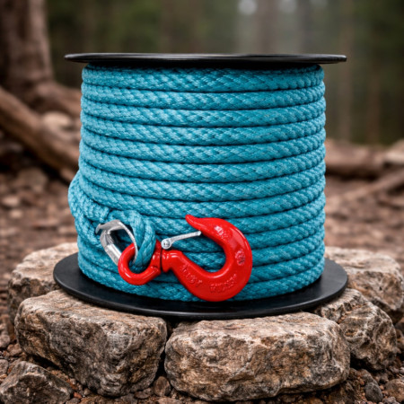 Corde à Poulie avec Crochet et Cosse 15M - Tressée en Polypropylène, Robuste et Polyvalente, Diamètre 23 mm, Bleu Canard