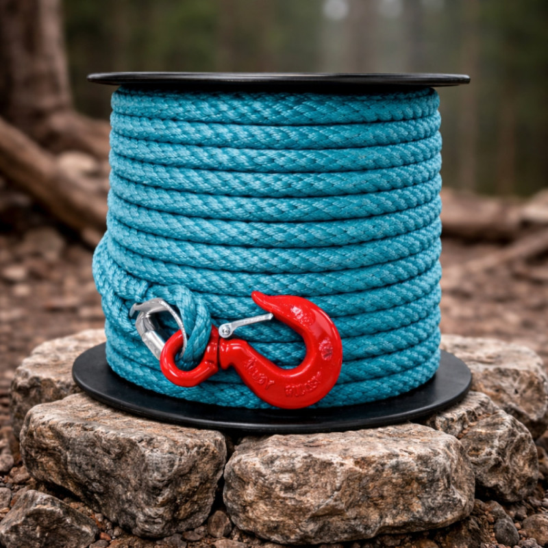 Corde à Poulie avec Crochet et Cosse 15M - Tressée en Polypropylène, Robuste et Polyvalente, Diamètre 23 mm, Bleu Canard