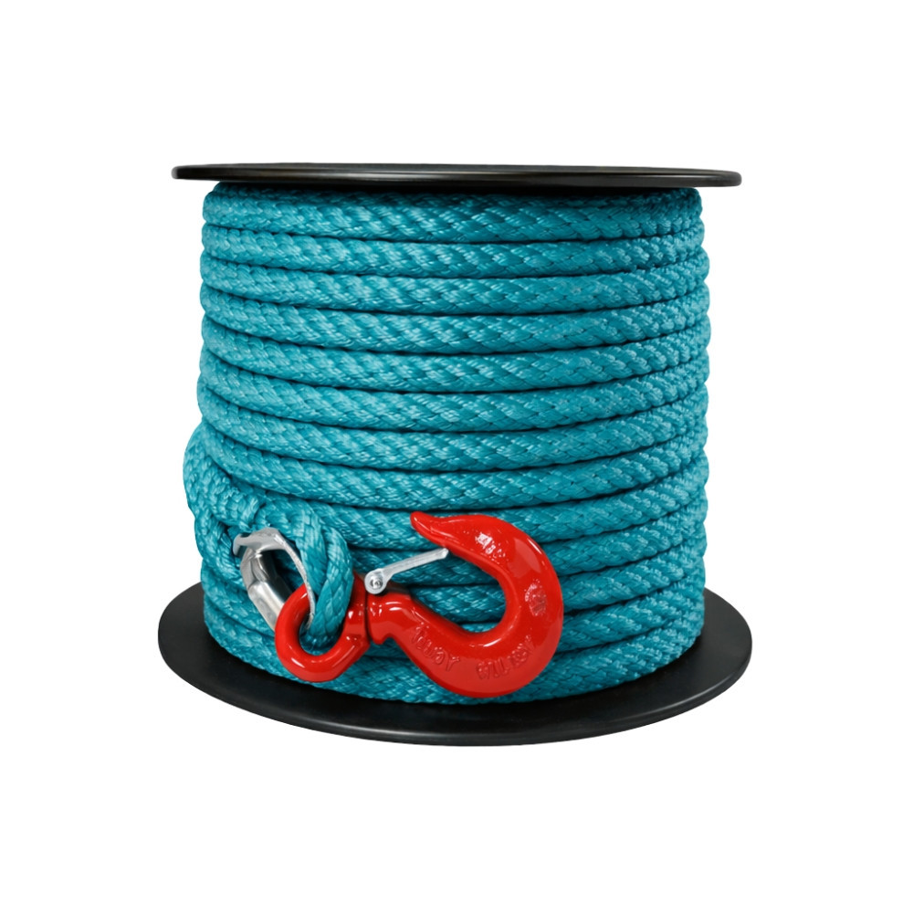 Corde à Poulie avec Crochet et Cosse 15M - Tressée en Polypropylène, Robuste et Polyvalente, Diamètre 23 mm, Bleu Canard