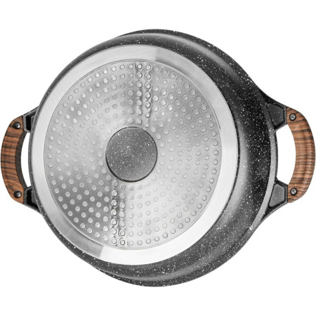 Sitram 716948 Sauteuse 2 compartiments Ø28 cm fonte d’aluminium effet pierre sans PFOA, couvercle verre, tous feux induction