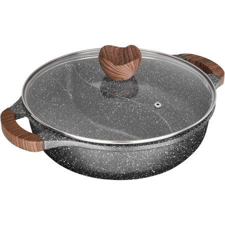Sitram 716948 Sauteuse 2 compartiments Ø28 cm fonte d’aluminium effet pierre sans PFOA, couvercle verre, tous feux induction