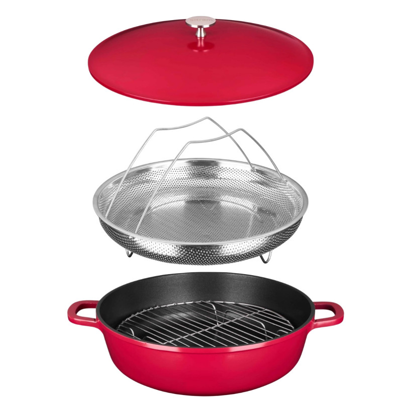 Sitram 716946 Sauteuse cocotte 6-en-1 Ø28 cm fonte aluminium effet pierre sans PFOA, vapeur, rôtissoire, induction & four