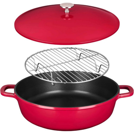 Sitram 716946 Sauteuse cocotte 6-en-1 Ø28 cm fonte aluminium effet pierre sans PFOA, vapeur, rôtissoire, induction & four