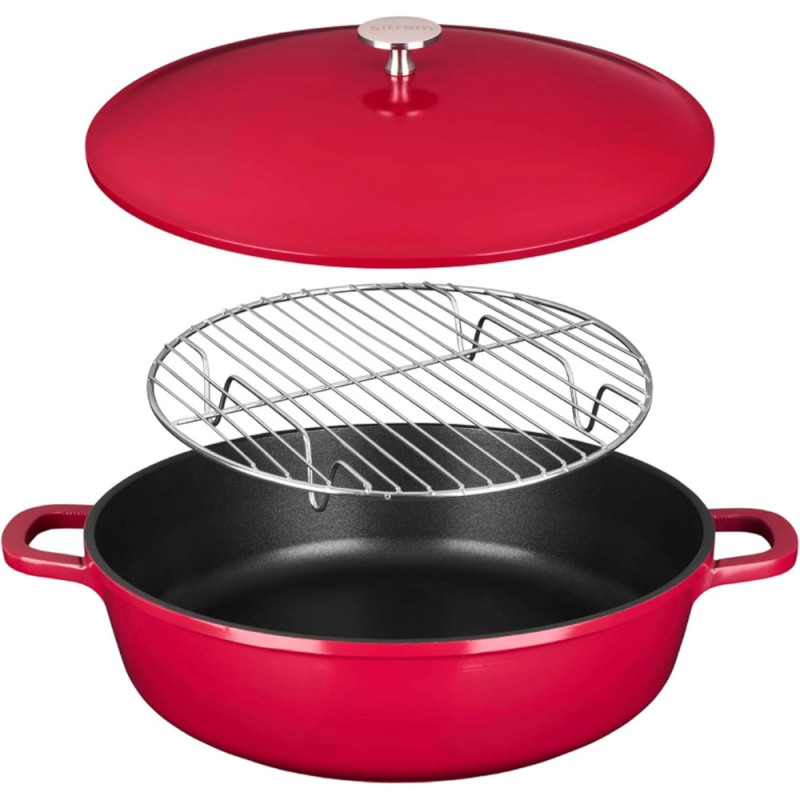 Sitram 716946 Sauteuse cocotte 6-en-1 Ø28 cm fonte aluminium effet pierre sans PFOA, vapeur, rôtissoire, induction & four