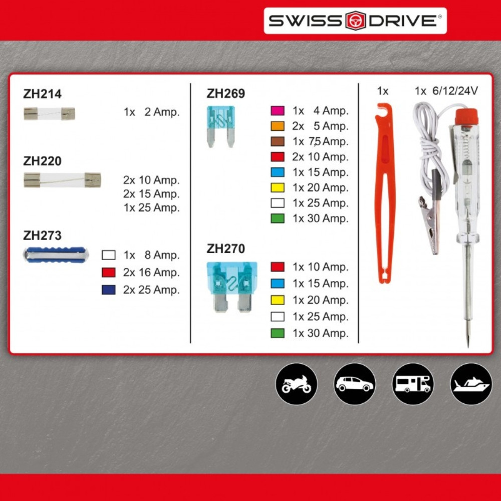 Boîte 26 Fusibles Auto SWISS DRIVE 2A à 75A avec Pince et Testeur 12V – Kit Complet Indispensable pour Véhicule