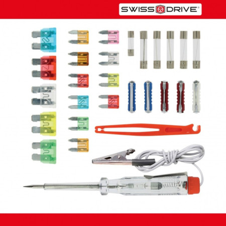 Boîte 26 Fusibles Auto SWISS DRIVE 2A à 75A avec Pince et Testeur 12V – Kit Complet Indispensable pour Véhicule
