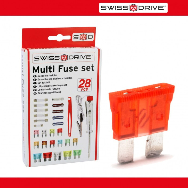 Boîte 26 Fusibles Auto SWISS DRIVE 2A à 75A avec Pince et Testeur 12V – Kit Complet Indispensable pour Véhicule