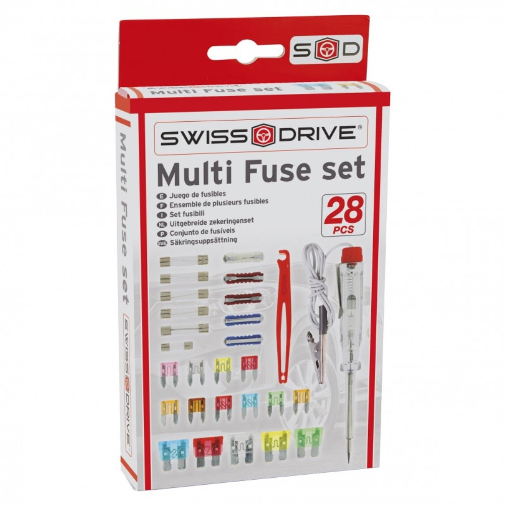 Boîte 26 Fusibles Auto SWISS DRIVE 2A à 75A avec Pince et Testeur 12V – Kit Complet Indispensable pour Véhicule