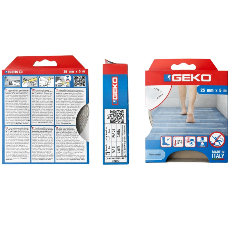 Ruban Adhésif Antidérapant GEKO Transparent 25mm x 5M – Anti-Glisse, Usage Intérieur et Extérieur, Résistant à l'Eau et UV
