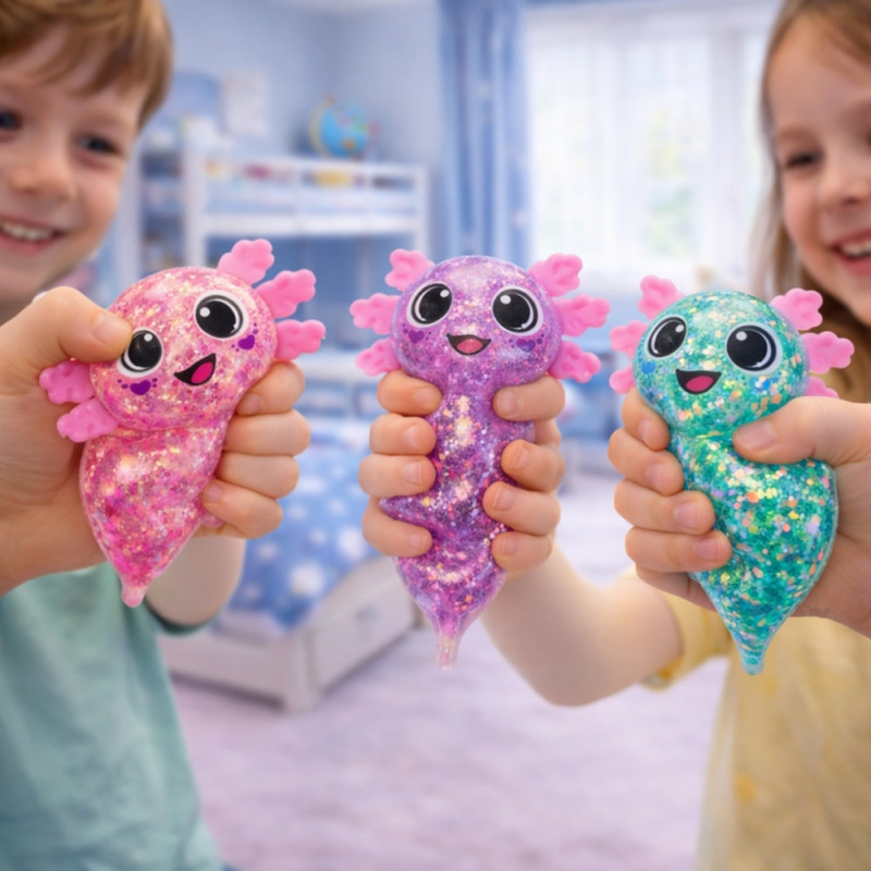 Lot de 3 Axolotls Pailletés Antistress Gel 10 cm – Jouet Sensoriel Squishy Extensible, Anti-Stress , 3 Coloris, Kawaï Fidget Toy