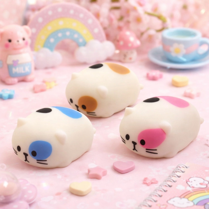 Lot de 3 Chats Anti-Stress Kawaii Ultra-Souples 8 cm – Jouets Sensoriels à Presser en PVA, Relaxation & Détente