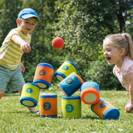Jeu de Chamboule Tout en Mousse avec Balles et Cibles Souples – Jeu d’Adresse pour Enfants, Intérieur et Extérieur