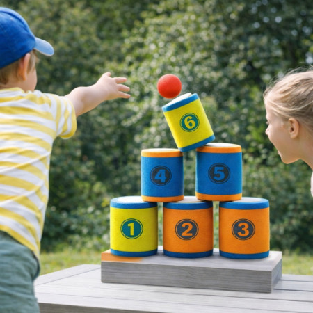 Jeu de Chamboule Tout en Mousse avec Balles et Cibles Souples – Jeu d’Adresse pour Enfants, Intérieur et Extérieur