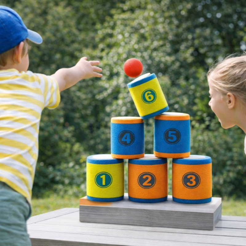Jeu de Chamboule Tout en Mousse avec Balles et Cibles Souples – Jeu d’Adresse pour Enfants, Intérieur et Extérieur