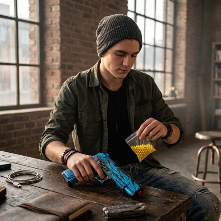 Pistolet à billes coloré 18 cm – Réplique ludique avec 18 billes incluses