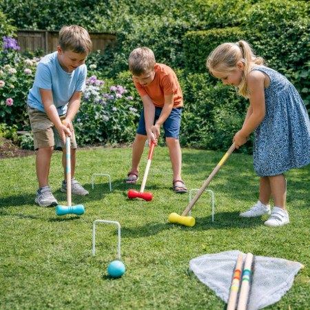Jeu de Croquet Complet en Bois pour 4 Joueurs avec Arceaux Maillets et Boules – Jeu de Jardin avec Filet de Rangement