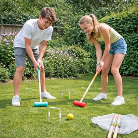 Jeu de Croquet Complet en Bois pour 4 Joueurs avec Arceaux Maillets et Boules – Jeu de Jardin avec Filet de Rangement