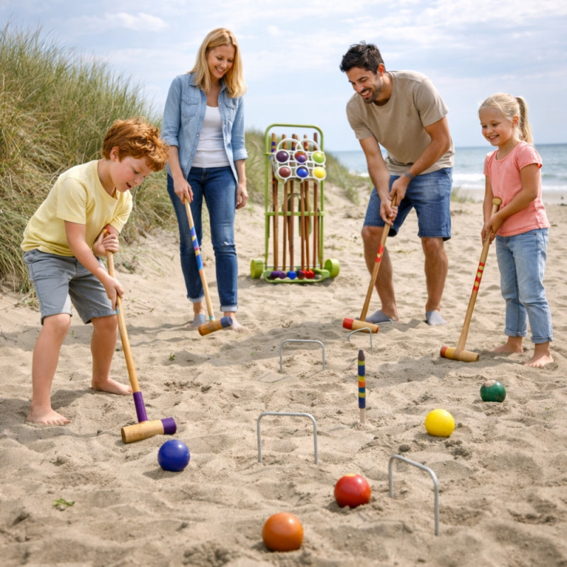 Jeu de Croquet Complet en Bois pour 6 Joueurs avec Chariot de Transport Arceaux Maillets et Boules – Jeu de Jardin avec Rangemen