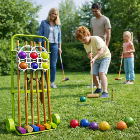 Jeu de Croquet Complet en Bois pour 6 Joueurs avec Chariot de Transport Arceaux Maillets et Boules – Jeu de Jardin avec Rangemen
