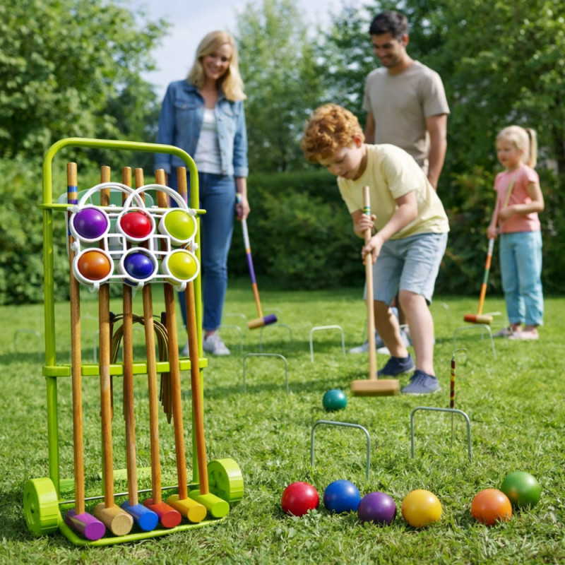 Jeu de Croquet Complet en Bois pour 6 Joueurs avec Chariot de Transport Arceaux Maillets et Boules – Jeu de Jardin avec Rangemen