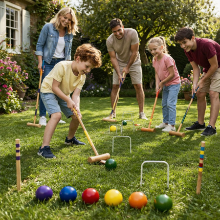 Jeu de Croquet Complet en Bois pour 6 Joueurs avec Chariot de Transport Arceaux Maillets et Boules – Jeu de Jardin avec Rangemen