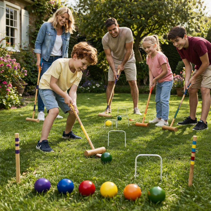 Jeu de Croquet Complet en Bois pour 6 Joueurs avec Chariot de Transport Arceaux Maillets et Boules – Jeu de Jardin avec Rangemen