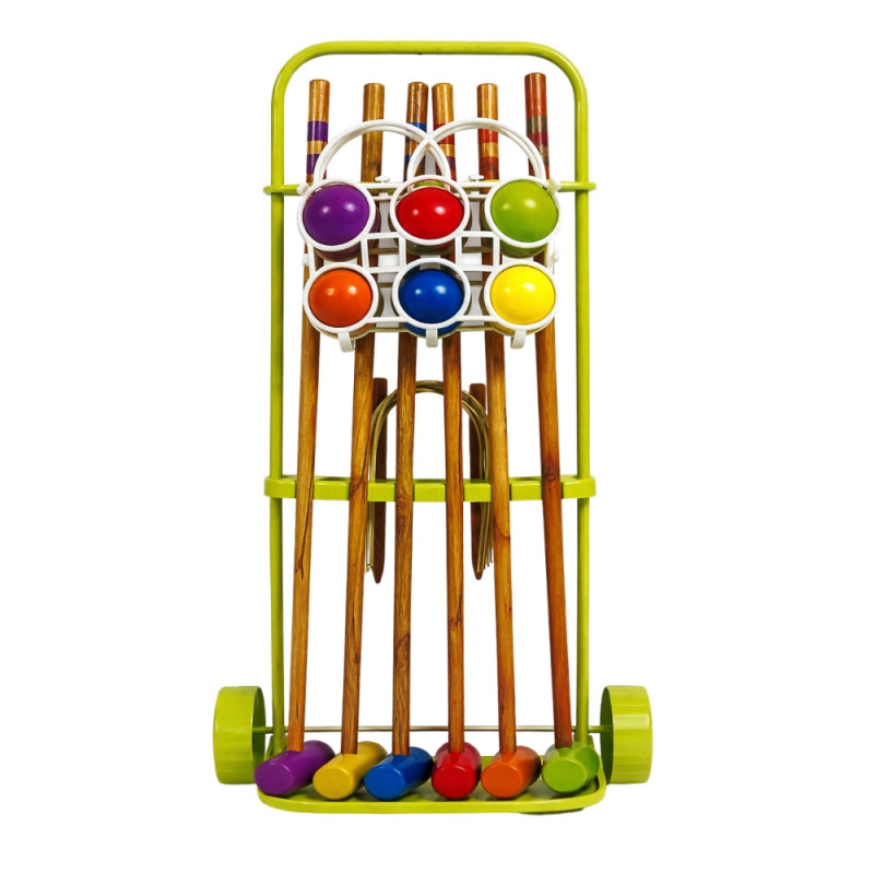 Jeu de Croquet Complet en Bois pour 6 Joueurs avec Chariot de Transport Arceaux Maillets et Boules – Jeu de Jardin avec Rangemen
