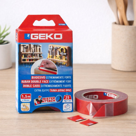 Adhésif Double Face Mousse GEKO 19mm x 1,5M – Fixation Verticale Ultra Résistante, Qualité Professionnelle 22 Kg