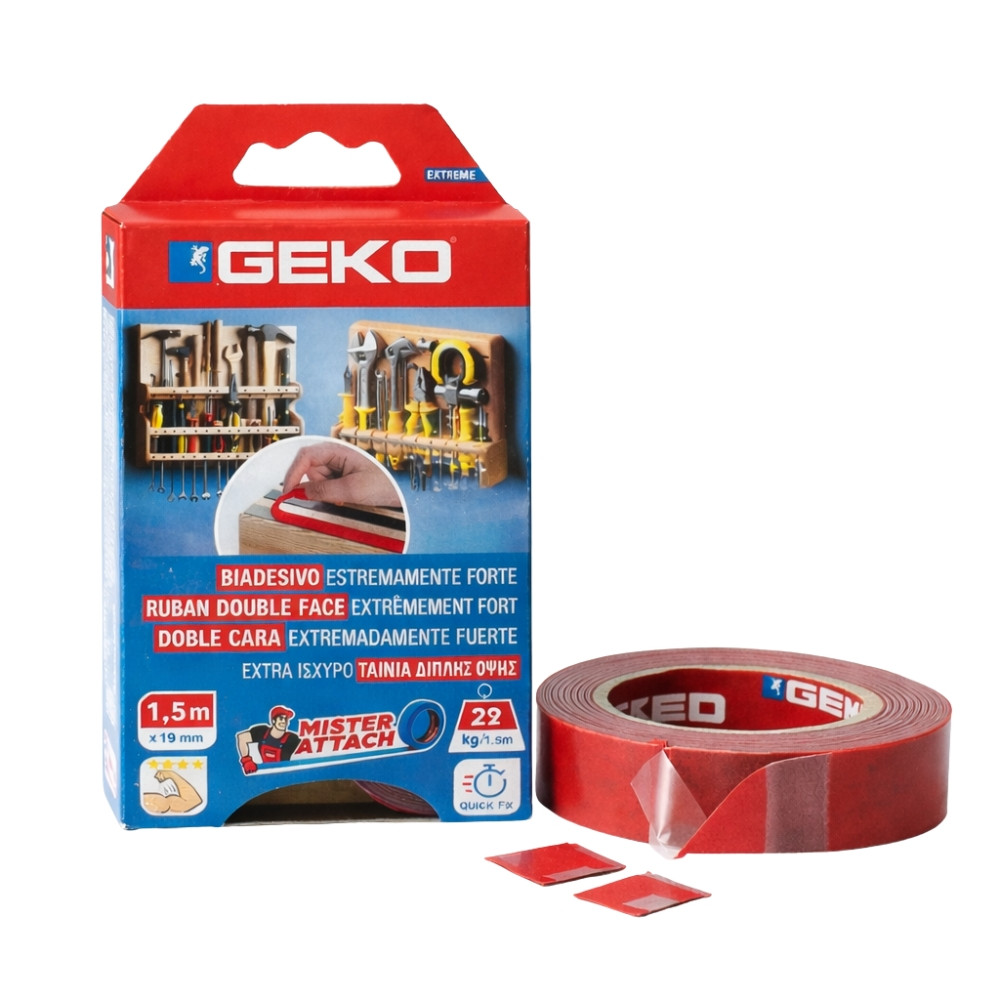 Adhésif Double Face Mousse GEKO 19mm x 1,5M – Fixation Verticale Ultra Résistante, Qualité Professionnelle 22 Kg