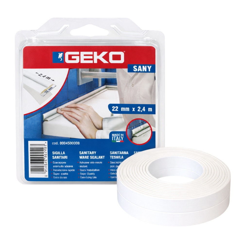 GEK8004500008 - Bande d’Étanchéité GEKO 22mm x 2,4 m Blanche, Ruban Imperméable Baignoire, Douche, Évier, Amovible Réutilisable