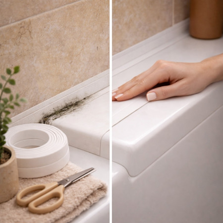 GEK8004500008 - Bande d’Étanchéité GEKO 22mm x 2,4 m Blanche, Ruban Imperméable Baignoire, Douche, Évier, Amovible Réutilisable