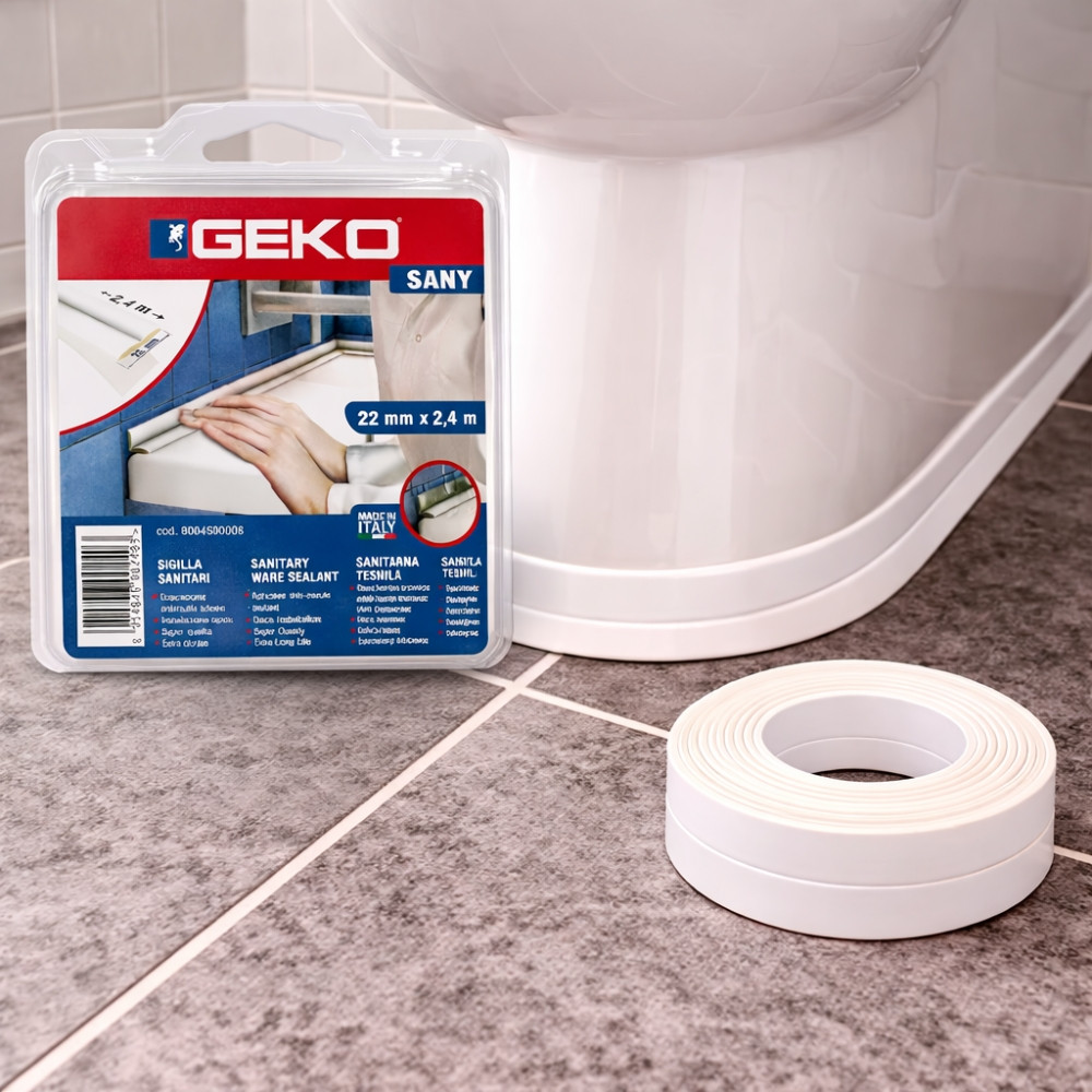 GEK8004500008 - Bande d’Étanchéité GEKO 22mm x 2,4 m Blanche, Ruban Imperméable Baignoire, Douche, Évier, Amovible Réutilisable