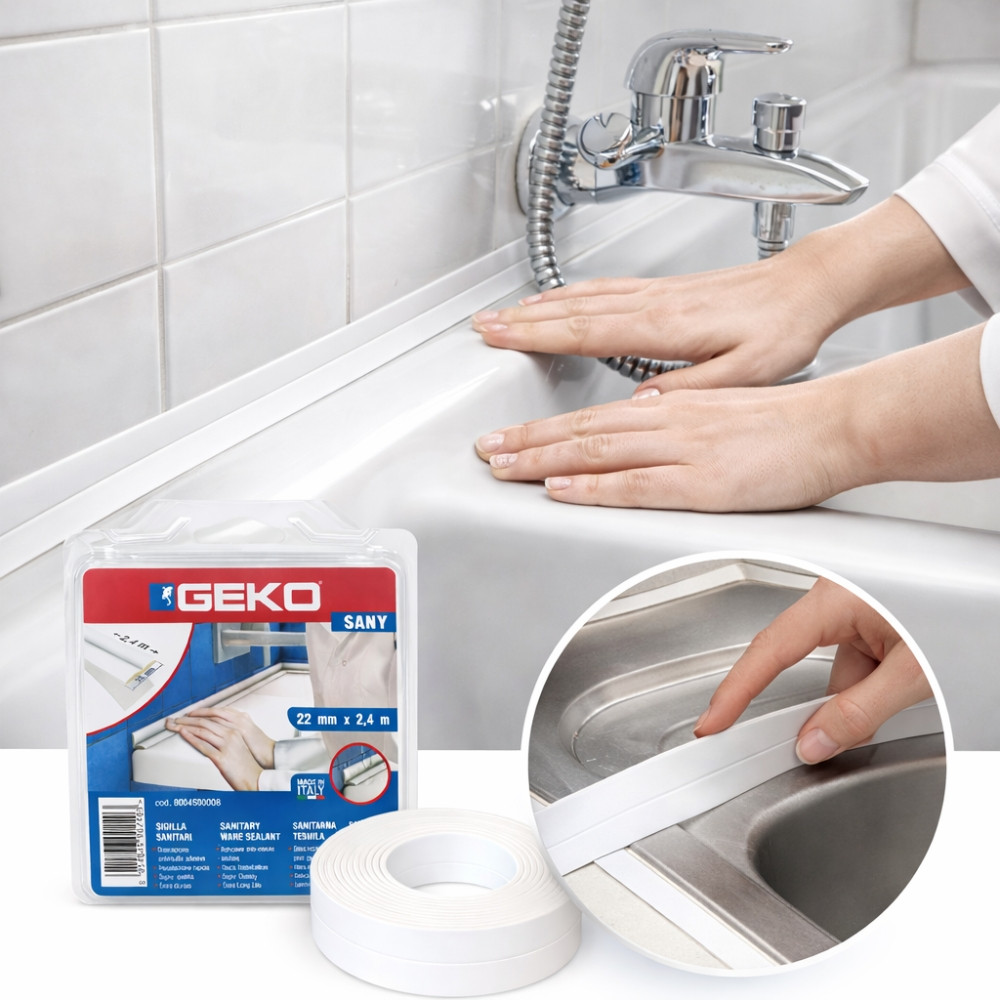 GEK8004500008 - Bande d’Étanchéité GEKO 22mm x 2,4 m Blanche, Ruban Imperméable Baignoire, Douche, Évier, Amovible Réutilisable