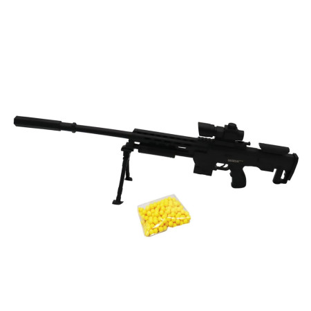 Fusil à billes avec trépied 81 cm – Réplique avec lunette factice, tir coup par coup, puissance 0.5 joule, 18 billes incluses