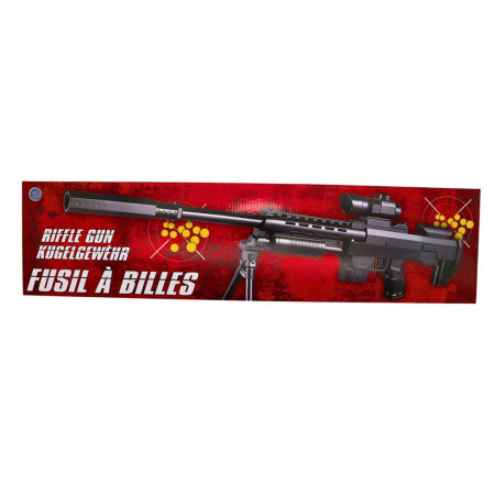 Fusil à billes avec trépied 81 cm – Réplique avec lunette factice, tir coup par coup, puissance 0.5 joule, 18 billes incluses